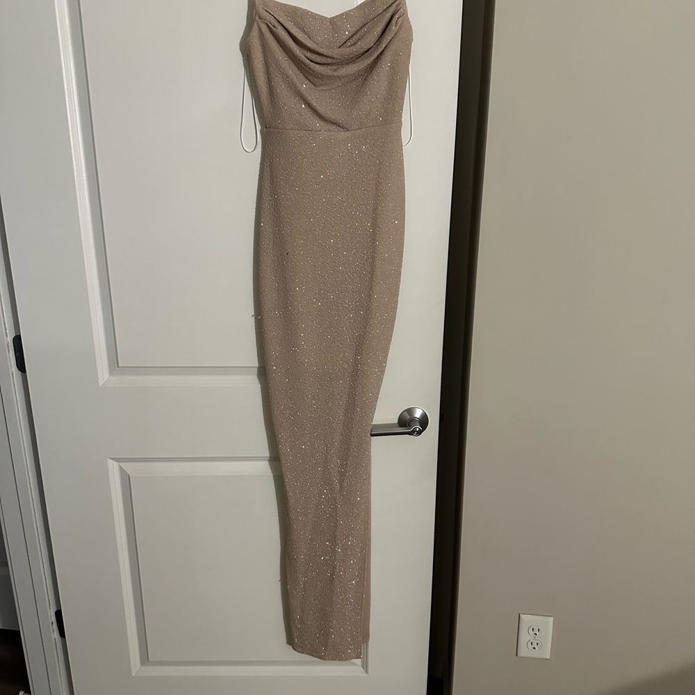 Windsor Tan Strapless High Low Gown
